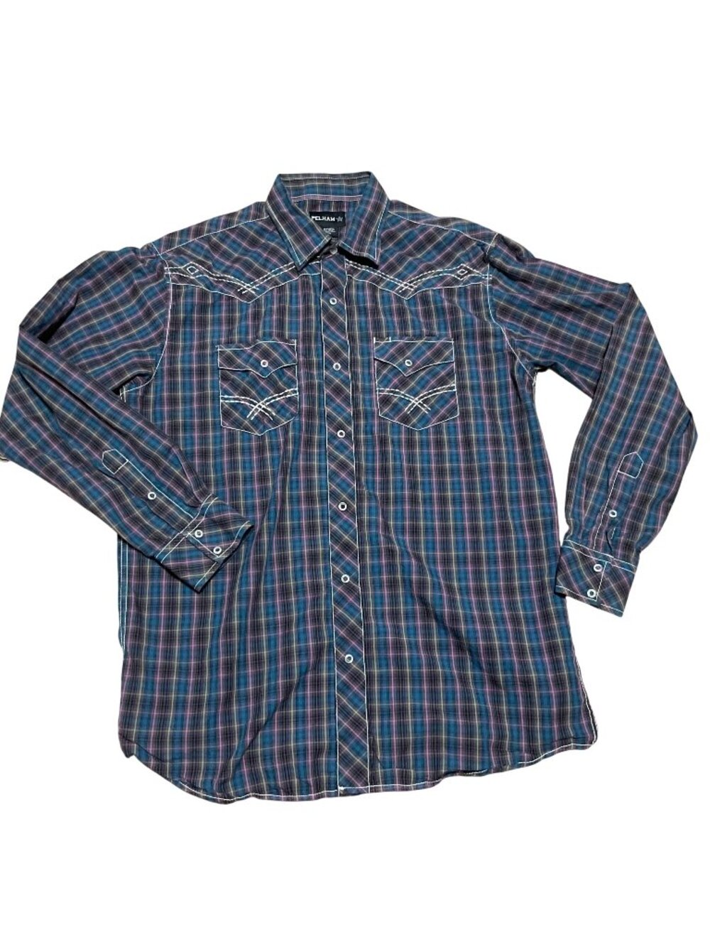 Pelham Western Plaid Long-Sleeve Shirt  Size XLT Blue & Pink Pearl Snap Closure